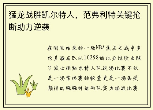 猛龙战胜凯尔特人，范弗利特关键抢断助力逆袭